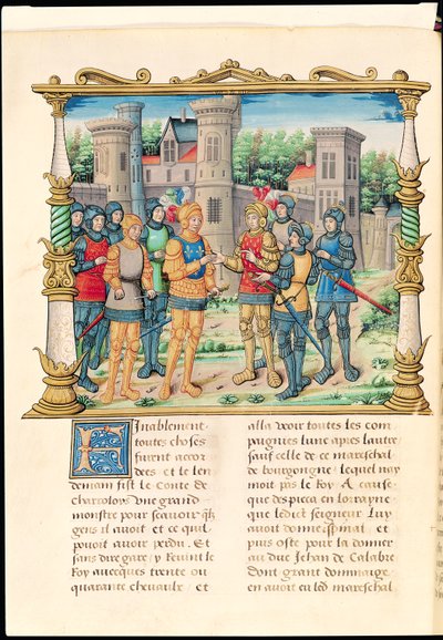Ms 18 f.32v A konflani szerződés XI. Lajos és Merész Károly, Burgundia hercege között, 1465. október, Philippe of Commines (1445-1509) emlékirataiból alkotó: French School