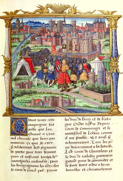 Ms 18. fol.19r Charolais grófja és serege érkezése Párizs ostrománál, a Memoires de Philippe de Comminnes, 1489-98 alkotó: French School