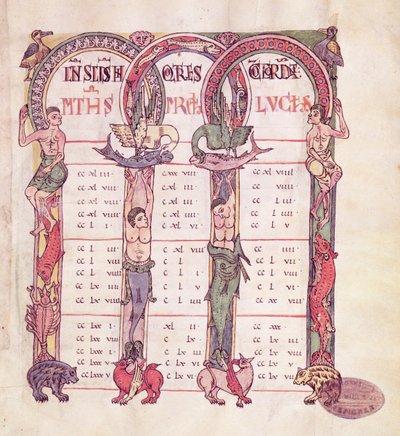 Ms. 1 Az evangélisták kánoni asztalai fantasztikus állatokkal díszítve, Saint-Michel-de-Cuxa evangéliumából, 1070-1130 körül alkotó: French School