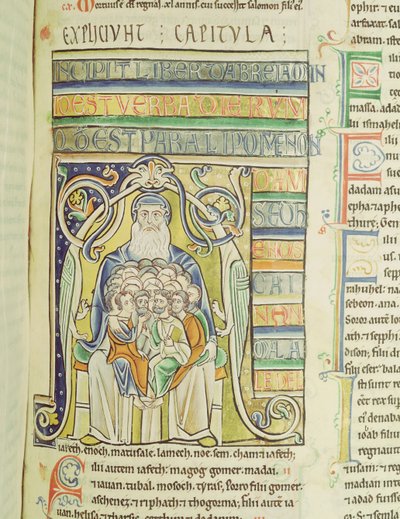 Ms 1 f.256 Történelmi A levél, amely generációkat ábrázol Ábrahám kebelében, a Souvigny Bibliából alkotó: French School