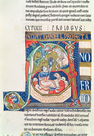 Ms 1 fol.185v Történelmi kezdetű A, amely Danielt az Oroszlánok barlangjában ábrázolja, a Souvigny Bibliából alkotó: French School