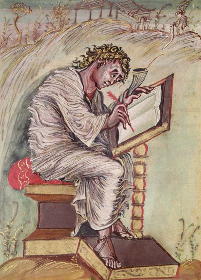 Ms 1 fol.18v St. Matthew, az Ebbo-evangéliumokból, 816-835 körül alkotó: French School