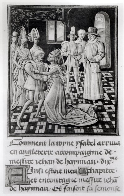Ms. 1 fol. 6 v Franciaország Izabella, Anglia királynője búcsút vesz I. Vilmostól, Hainaut grófjától a Froissarts Chronicle-ból alkotó: French School