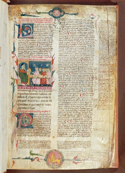 Ms. 2046 fol. 1 Oktatási jelenet, Hippokratész Aforizmák első oldala Galenus megjegyzéseivel alkotó: French School