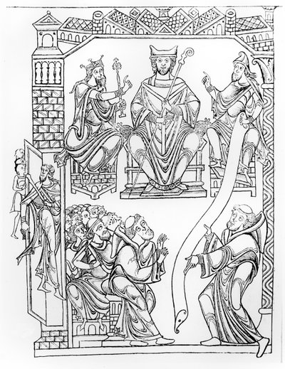 Ms 210 fol 19v. Mont Saint-Michel kartulárisa: II. Richárd normandiai herceg földeket és kiváltságokat ajándékoz a Mont St. Michel kolostornak (metszet az 1150-es évek rajza után) alkotó: French School