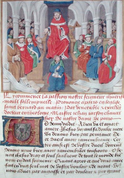 Ms 230 fol.1 Jean de Gerson (1363-1429) a Passiót prédikálja reggel a párizsi Szent Bernát-templomban, a Sermons sur la Passion et Traites Divers-ből, 1480 körül alkotó: French School