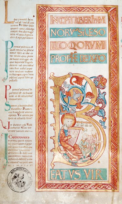 Ms 232 f.3v Dávid királyt ábrázoló történeti B kezdőbetű, egy zsoltáros könyvből alkotó: French School