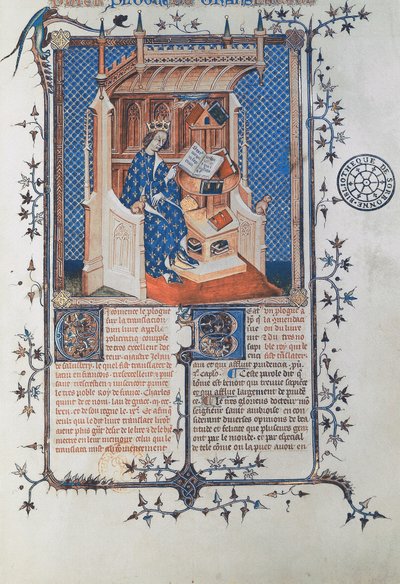 Ms 24287 fol. 2r V. Károly, a Bölcs, Franciaország királya, Salisbury Jánostól, Polycraticus, fordította Denis Foulechatis, 1372 körül (vellum) alkotó: French School