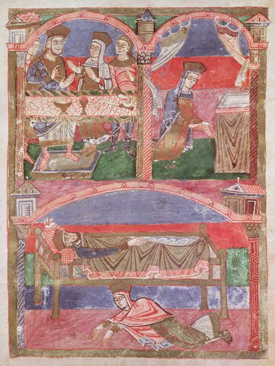Ms 250 f.24r St. Radegund (518-87) I. Clothar (497-561) asztalánál, oratóriumában és a királyi ágy lábánál, Szent Radegund életéből alkotó: French School
