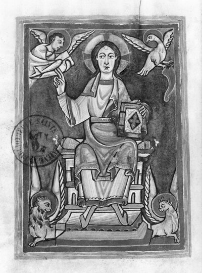 Ms 2657 fol. 1v Krisztus felségben, egy áldásostól alkotó: French School