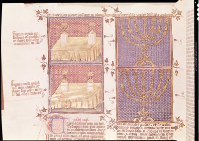 Ms 290 Tome 1 f.89v Ajándékasztal és a menóra, Nicolas de Lyre Postilles sur la Bible-ből alkotó: French School