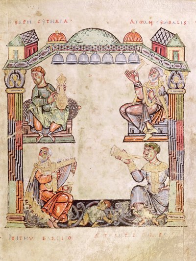 Ms 2 fol.11 (6) Négy zenész, az órák könyvéből alkotó: French School