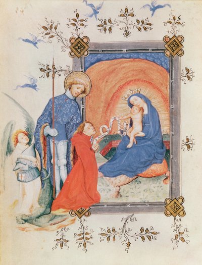 Ms 3024 fol.12v Szűz és gyermek térdelő férfival és Szent Györggyel, az órák könyvéből alkotó: French School