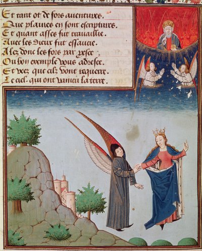 Ms 3045 fol.94r Lady Philosophy repülés közben az ég felé vezeti Boethiust a neki adott szárnyakon; Az Atya Isten áldással néz alkotó: French School