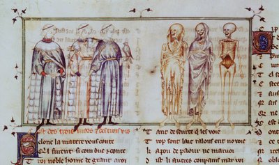 Ms 3142 fol.311r A három élő ember és a három halott története, Recueil de Poesies Francaises, 1280-90 körül alkotó: French School