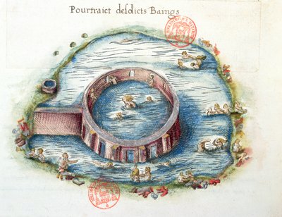 Ms 3242 The Baths of Bourbon-Lancy, illusztráció a Generale Description du Bourbonnais-ból, Nicolas de Nicolay, 1569 (wc papíron) alkotó: French School