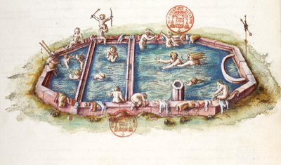 Ms 3243 The Baths of Nerys at Neris-les-Bains, illusztráció a "Generale Description du Bourbonnais"-ból, Nicolas de Nicolay alkotó: French School