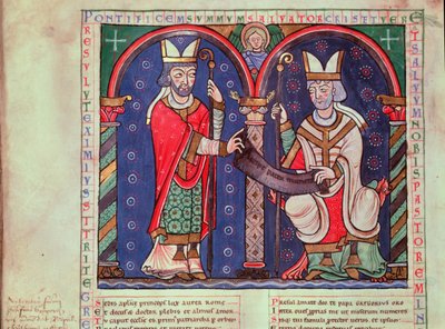 Ms 3401 fol.39v Rabanus Maurus (780-856 körül) felajánlja könyvét I. Gergely pápának (540-604) az Anchin-apátságból alkotó: French School