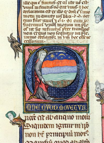 Ms 3469 Krisztus, aki egy földgömböt tart a négy elemmel, Arisztotelész (Kr. e. 384-322) fizikájából (toll, tinta és tempera pergamen) alkotó: French School