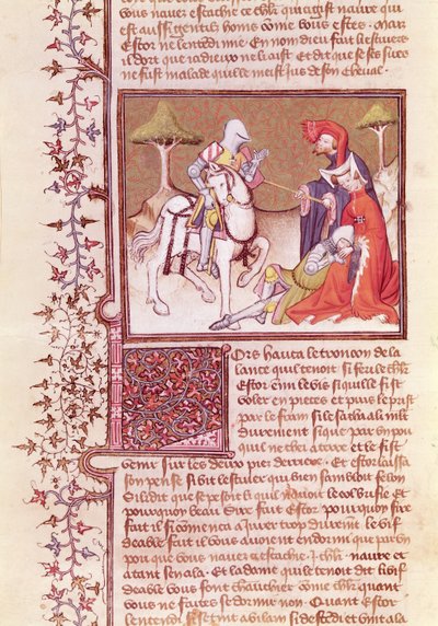 Ms 3479 fol.516 És így kihúzta a lándzsát a haldokló lovagról, a Livre de Messire Lancelot du Lacból alkotó: French School