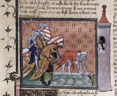 Ms 3480 fol.77 Lancelot átkelés a kardhídon, Sir Lancelot du Lac könyvéből alkotó: French School