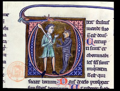 Ms 36 Történeti D kezdőbetű, amely egy embert ábrázol az ördöggel, egy latin bibliából alkotó: French School