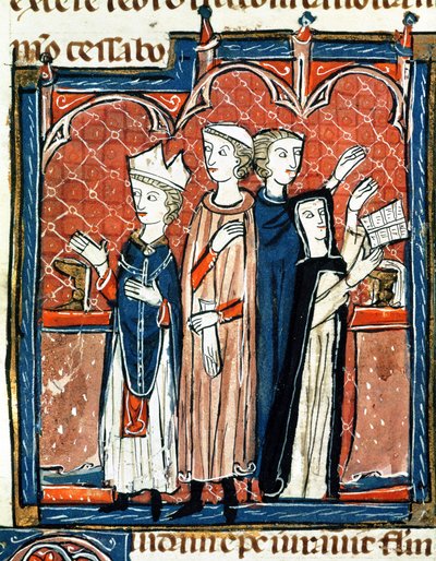 Ms 372 fol.59v Egy apáca, aki fogadalmat tesz, és egy püspök misézett, a „Decrets de Gratien”-ből (vellum) (181275 részlet) alkotó: French School