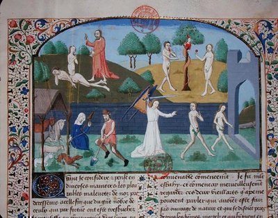 Ms 3878 Éva teremtése, Ádám és Éva megkísértése és kiűzése, a „Des cas des nobles hommes et femmes”-ből, Giovanni Boccaccio (1313-75) (vellum) alkotó: French School