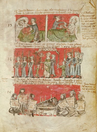 Ms 406 fol.6 Jelenetek a Hubant College vagy az Ave Maria hallgatóinak életéből, a Hubant College statútumából, Párizs, 1387 alkotó: French School