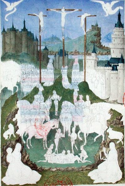 Ms 473 A keresztre feszítés vagy a Golgota, befejezetlen miniatűr a „Heures de Charles de France”-ból, 1466-69 körül (guache papíron) alkotó: French School