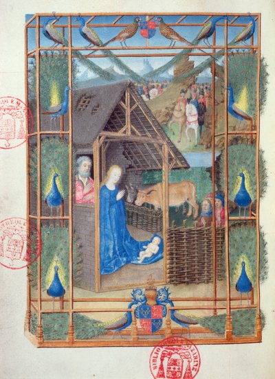 Ms 473 Születés pávákkal, miniatűr a Heures de Charles de France-ból, 1466-69 körül alkotó: French School
