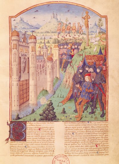 Ms 493 fol.1r Vergilius művei Servius kommentárjával, A bukolicsok, a király a trónján ül, őreitől körülvéve egy megerősített város előtt, Franciaország, 1469 alkotó: French School