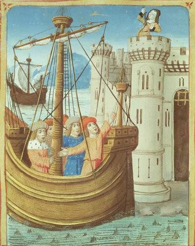 Ms 493 fol.99v Aeneas és Didos halálának távozása, Vergilius Aeneiséből Servius kommentárjával, 1469 alkotó: French School