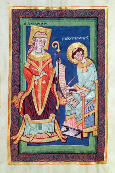 Ms 501 Fol.58 St. Amand visszaküld egy tekercset St. Baudemondnak, St. Baudemondtól (St. Amand élete és csodáiból) (1150 körül – 1199 körül) alkotó: French School