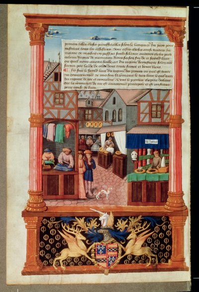 Ms 5062 fol.149v Utca üzletekkel és Robert Stuart, dAubigny Lucrece marshall címerével, a Livre de Gouvernement des Princestől, Gilles de Rome alkotó: French School
