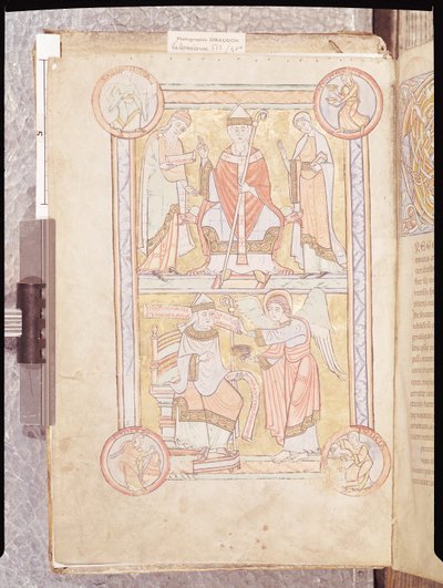 Ms 512 fol.4v Nagy Szent Gergely (540-604 körül) apja, Gordien és anyja, Silvia és egy vízbefulladt ember, mint angyal között, Liber Pastoralisból alkotó: French School