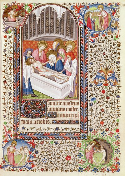 Ms 547 fol.36 Krisztus síremléke, egy poitiers-i nő által használt órák könyvéből alkotó: French School
