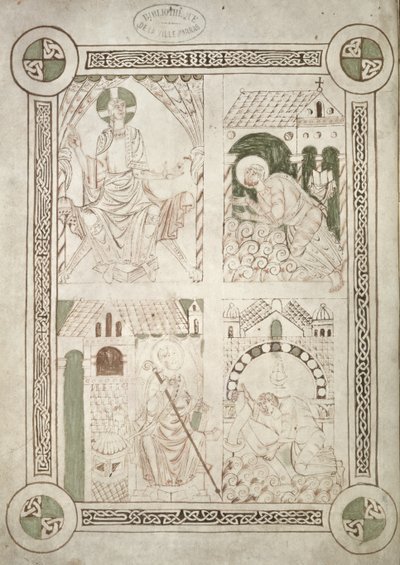 Ms 616 f.1v Szent Ágoston Krisztus és az írástudó lábánál Alardus könyvét felajánlja Szent Vaastnak, Szent Ágoston Vallomásainak előlapja alkotó: French School