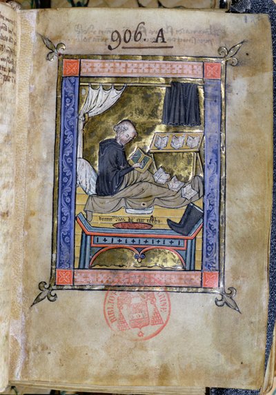 Ms 753 Fol.9 Szerzetes ír az ágyában, Flores Bernarditól, Guillaume de Tournai alkotó: French School