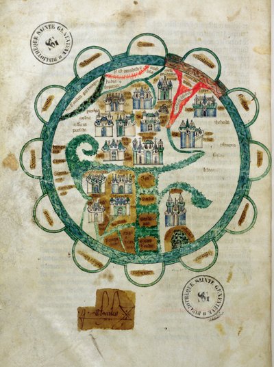 Ms 782 fol.16v. Földgömb formájú világtérkép, miniatűr a Grandes Chroniques de Philippe le Harditól alkotó: French School