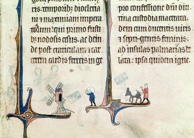 Ms 838 fol.55 Egy ember, aki a szamarát hajtja búzazsákokat cipelő szélmalomhoz, Obituaire de Notre Dame de Presből, 1270 után alkotó: French School
