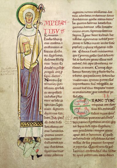 Ms 846 fol.137v Történeti kezdetű I, amely Szent Richrudiust ábrázol, a Recueil de Vie des Saints-ből alkotó: French School