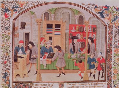 Ms 927 f.145r A pénzverde, Arisztotelész "Etika, politika, gazdaságtan" című művéből, Nicholas Oreme francia fordításából alkotó: French School