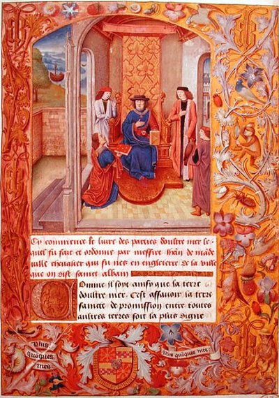 Ms 95 Fol.1 A szerző felajánlja könyvét Burgundia hercegének, Adolphe de Cleves címeréből, 15. század eleje (pergamen) alkotó: French School