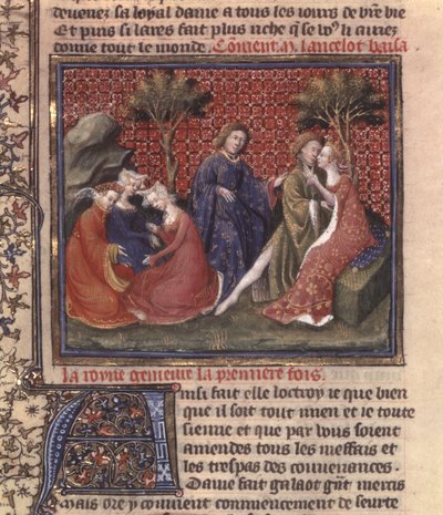 Ms Fr 118 fol. 219v oldal: A Szent Grál keresése és Arthur halála, a Lancelot of the Lake című kézirat része alkotó: French School