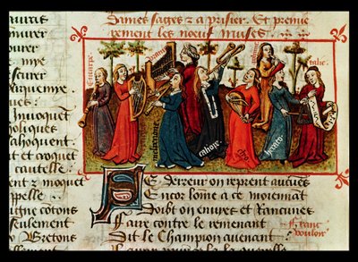 Ms Fr 12476 Fol.109v Kilenc múzsa a Le Champion des Dames-ből, Martin le Franc (1410-61) 1451 alkotó: French School