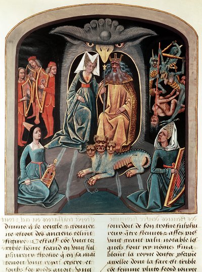 Ms Fr. 143 f.136v Hádész és Perszephoné az alvilágban egy sasfej alakú trónon ülve, előttük Cerberus (pergamen). alkotó: French School
