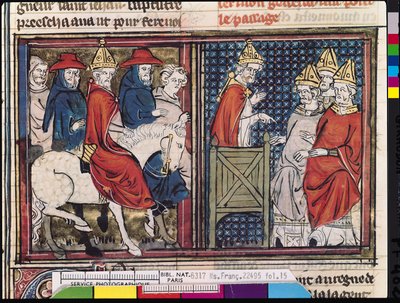 Ms Fr 22495 Fol.15 A Clermont-i Zsinat és II. Urbán pápa (1035-1099 körül) Franciaországba érkezése, Le Roman de Godefroi de Bouillon, 1337 alkotó: French School