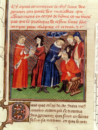 Ms Fr 22531 Fol.115 A vizeletvizsgálat és a sebek gyógyulása, Barthelemy lAnglais Le Livre des Proprietes des Choses című művéből, 1410-1415 körül alkotó: French School