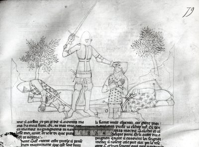 Ms Fr 343 f.79 Lovag felfegyverzése a csatatéren, Lancelot du Lac alkotó: French School